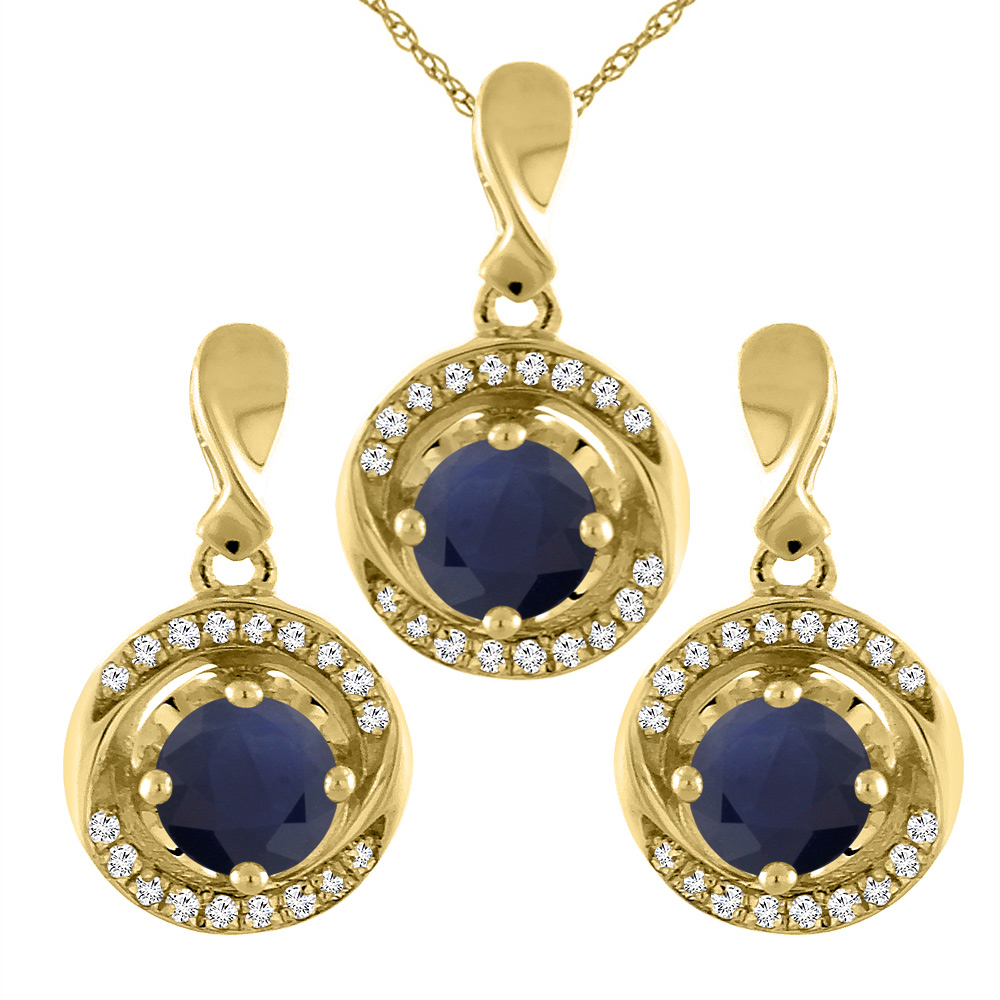14K Yellow Gold Diamond Halo Natural Quality Blue Sapphire Earrings & Pendant Set Round 4mm