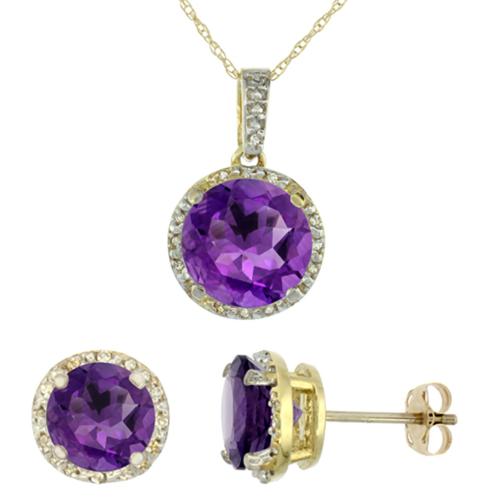 10K Yellow Gold Natural Round Amethyst Earrings & Pendant Set Diamond Accents