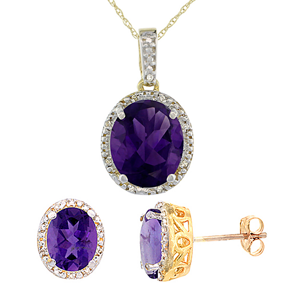 10K Yellow Gold Diamond Halo Natural Amethyst Earrings Necklace Set Oval 7x5mm &amp; 12x10mm, 18 inch