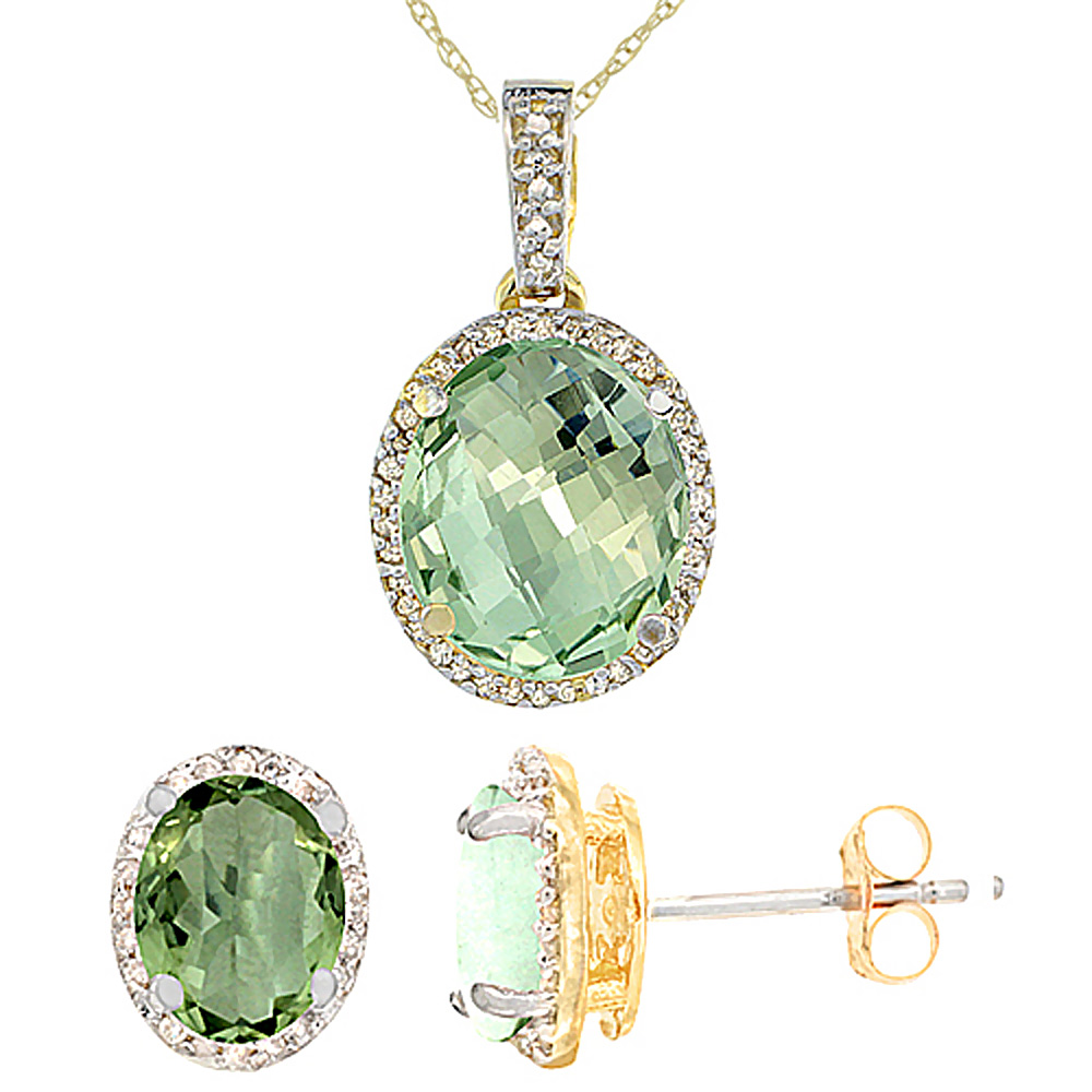 10K Yellow Gold Diamond Natural Green Amethyst Oval Earrings & Pendant Set