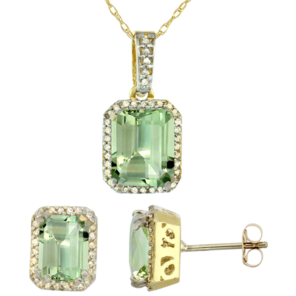 10K Yellow Gold Diamond Natural Octagon Green Amethyst Earrings &amp; Pendant Set