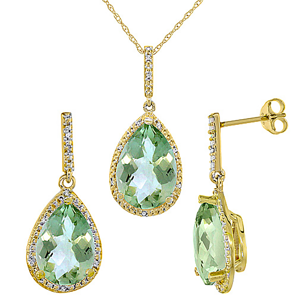 10K Yellow Gold Diamond Natural Green Amethyst Earrings Necklace Set Pear Shaped 12x8mm &amp; 15x10mm,18 inch