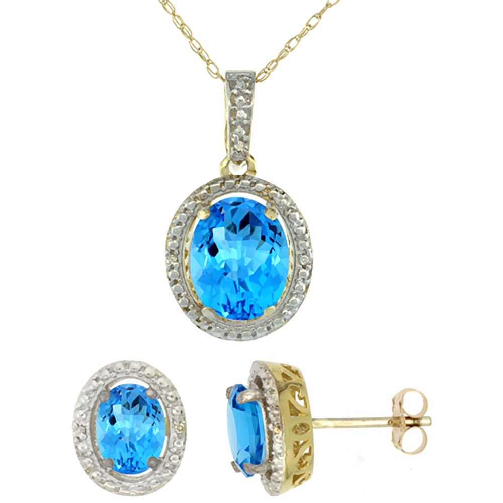 10K Yellow Gold Diamond Natural Swiss Blue Topaz Oval Earrings & Pendant Set