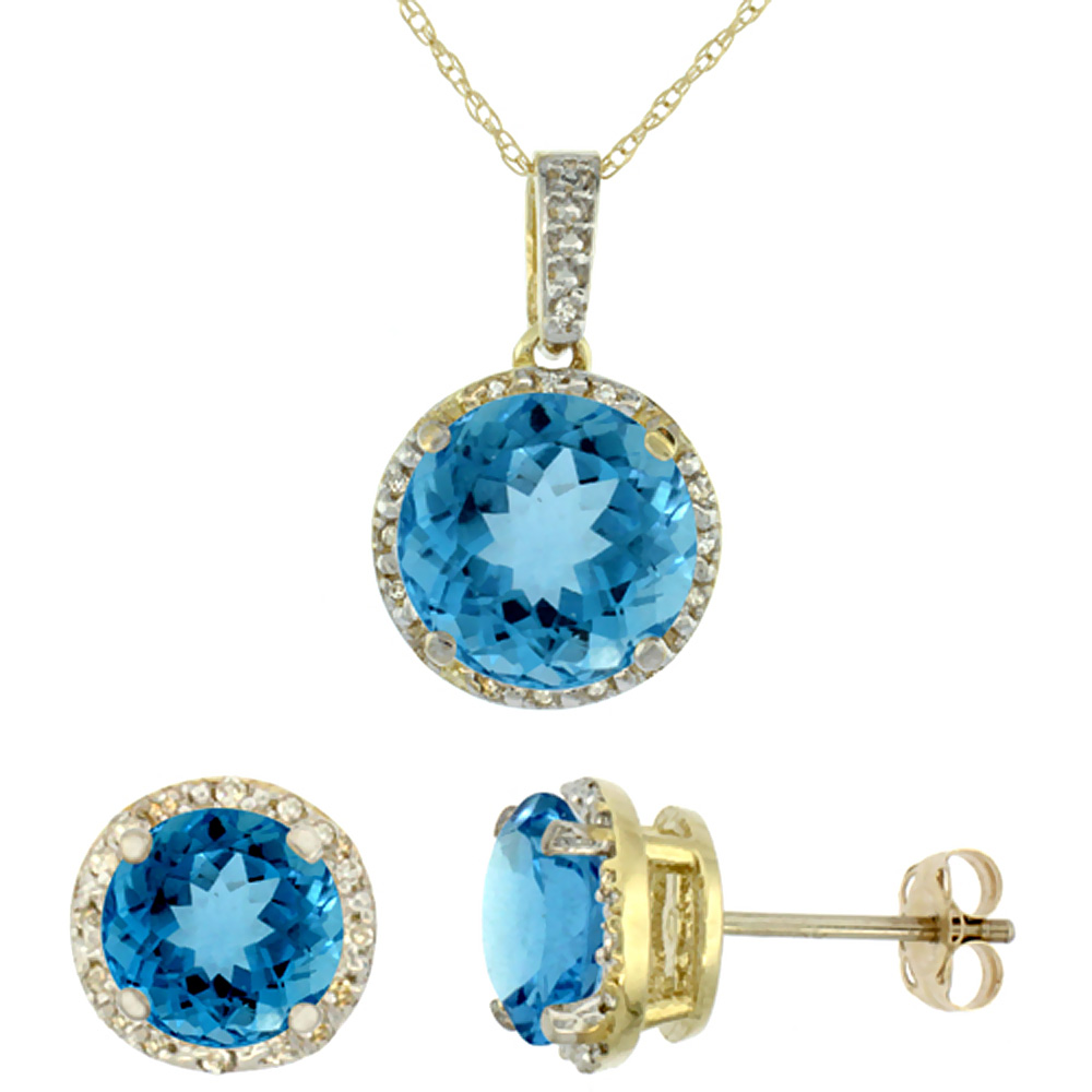 10K Yellow Gold Natural Round Swiss Blue Topaz Earrings &amp; Pendant Set Diamond Accents