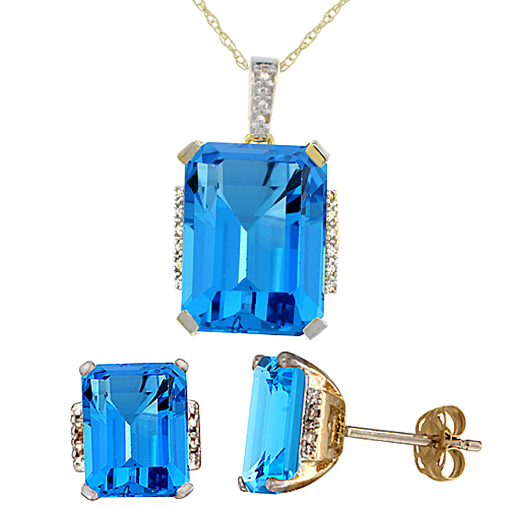 10K Yellow Gold Natural Octagon Swiss Blue Topaz Earrings & Pendant Set Diamond Accents