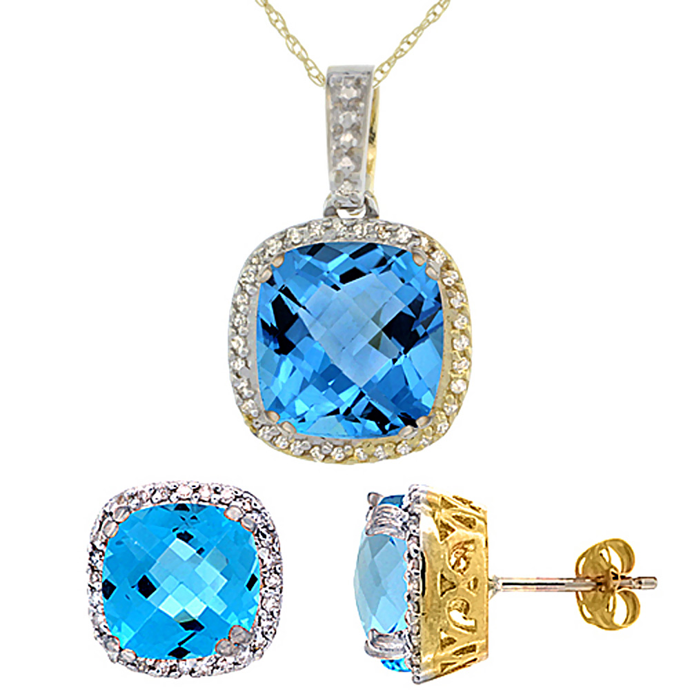 10k Yellow Gold Diamond Halo Natural Swiss Blue Topaz Earring Necklace Set 7x7mm&amp;10x10mm Cushion, 18 inch