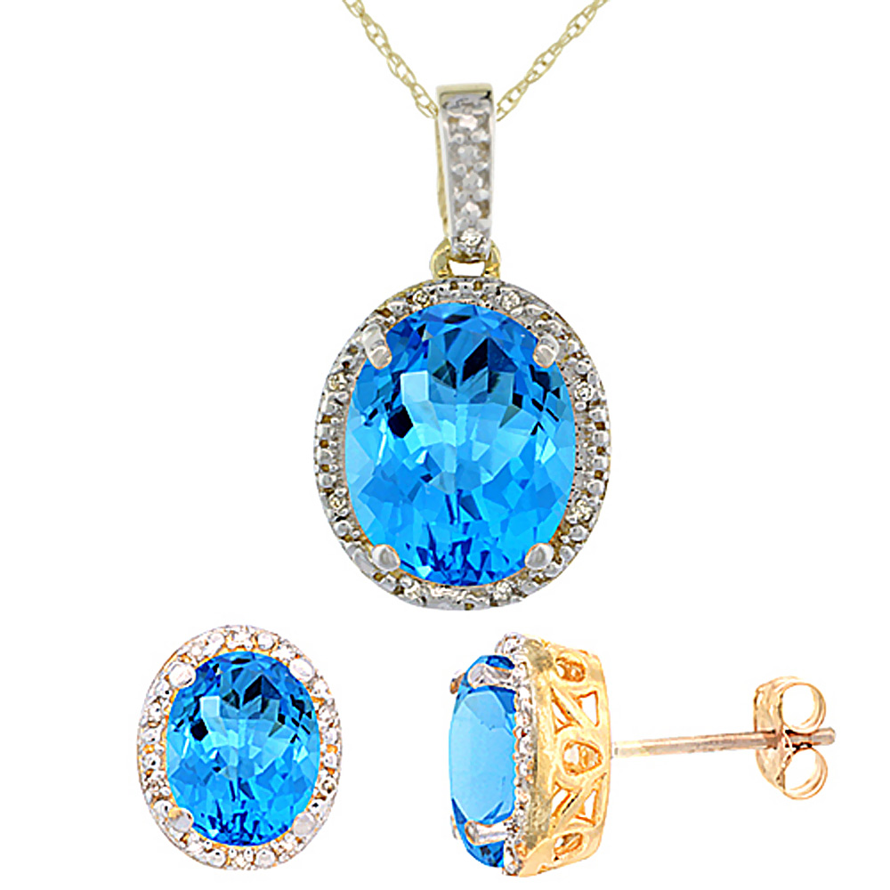 10K Yellow Gold Diamond Halo Natural Swiss Blue Topaz Earrings Necklace Set Oval 7x5mm &amp; 12x10mm, 18 inch