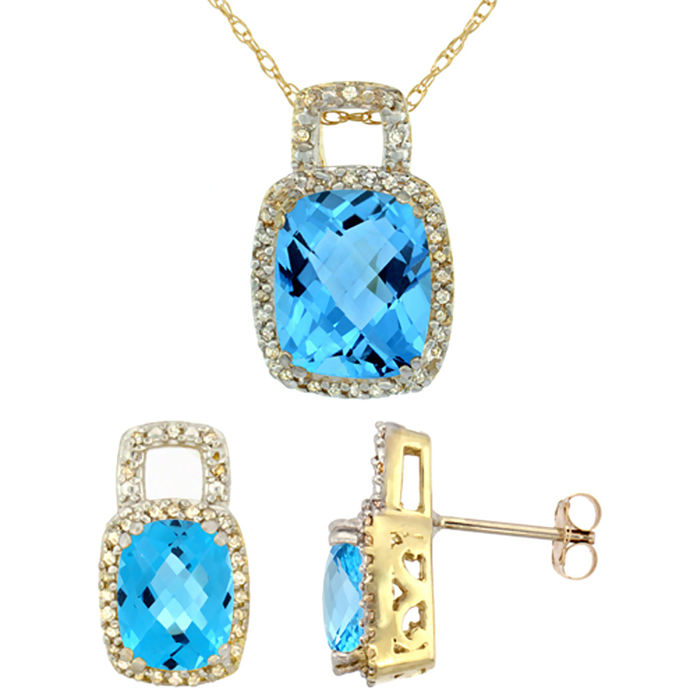 10K Yellow Gold Natural Octagon Cushion Swiss Blue Topaz Earrings & Pendant Set Diamond Accents