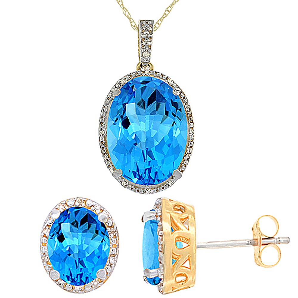 10K Yellow Gold Diamond Natural Oval Swiss Blue Topaz Earrings & Pendant Set