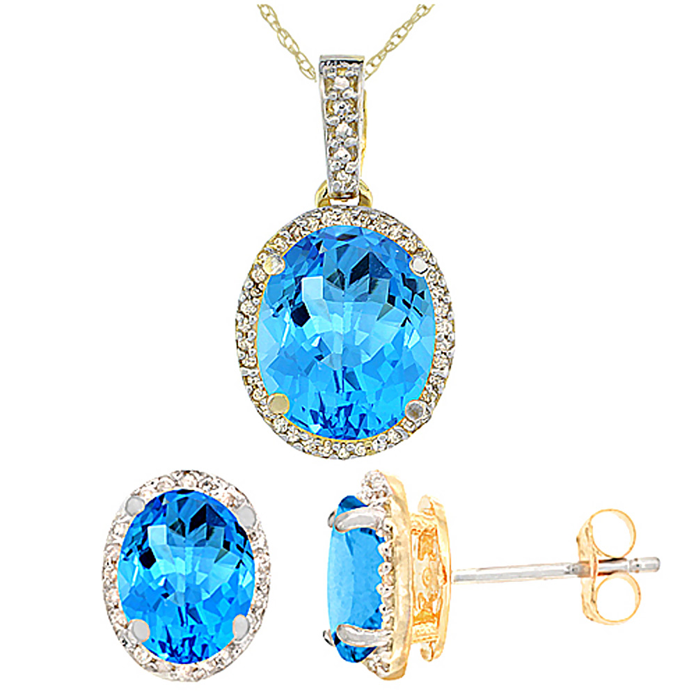 10K Yellow Gold Diamond Natural Swiss Blue Topaz Oval Earrings & Pendant Set