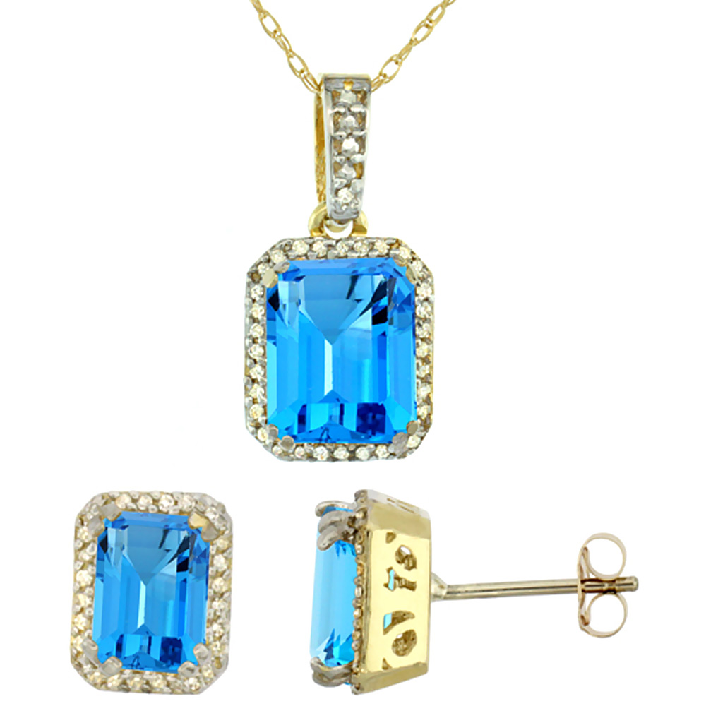 10K Yellow Gold Diamond Natural Octagon Swiss Blue Topaz Earrings &amp; Pendant Set