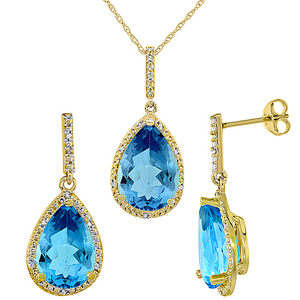 10K Yellow Gold Diamond Natural Swiss Blue Topaz Earrings Necklace Set Pear Shaped 12x8mm&15x10mm,18 inch