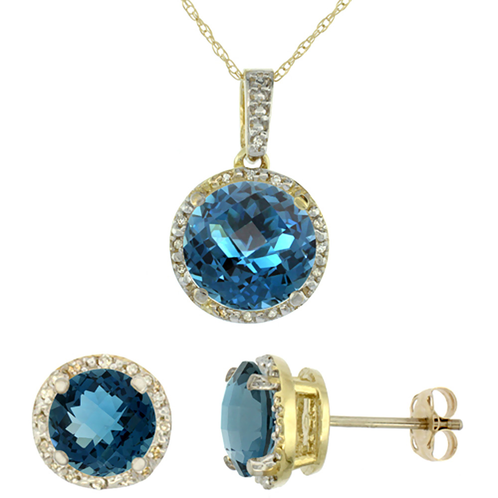 10K Yellow Gold Natural Round London Blue Topaz Earrings & Pendant Set Diamond Accents