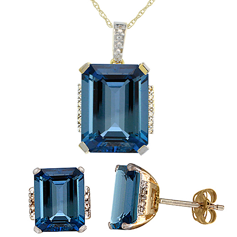 10K Yellow Gold Natural Octagon London Blue Topaz Earrings & Pendant Set Diamond Accents