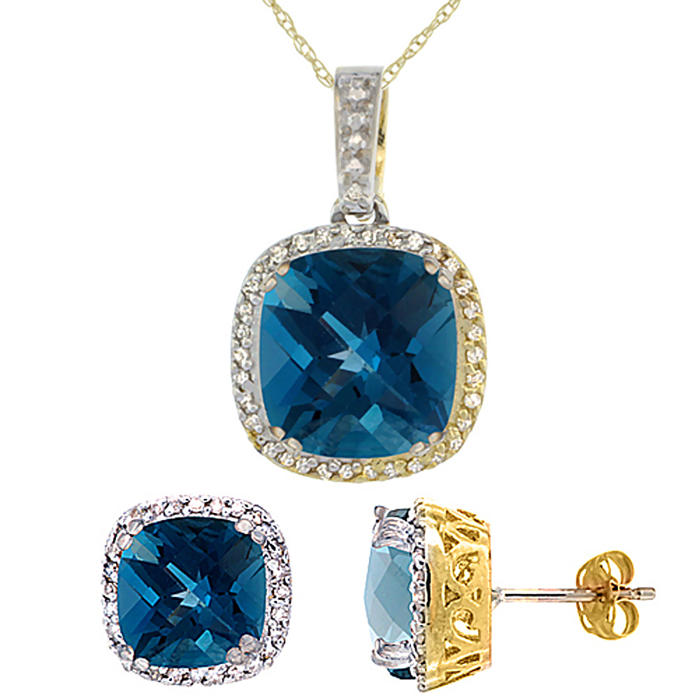 10k Yellow Gold Diamond Halo Natural London BlueTopaz Earring Necklace Set 7x7mm&amp;10x10mm Cushion, 18 inch
