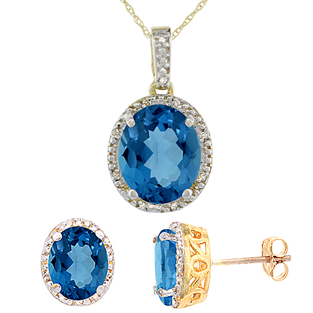 10K Yellow Gold Diamond Halo Natural London Blue Topaz Earrings Necklace Set Oval 7x5mm &amp; 12x10mm,18 inch