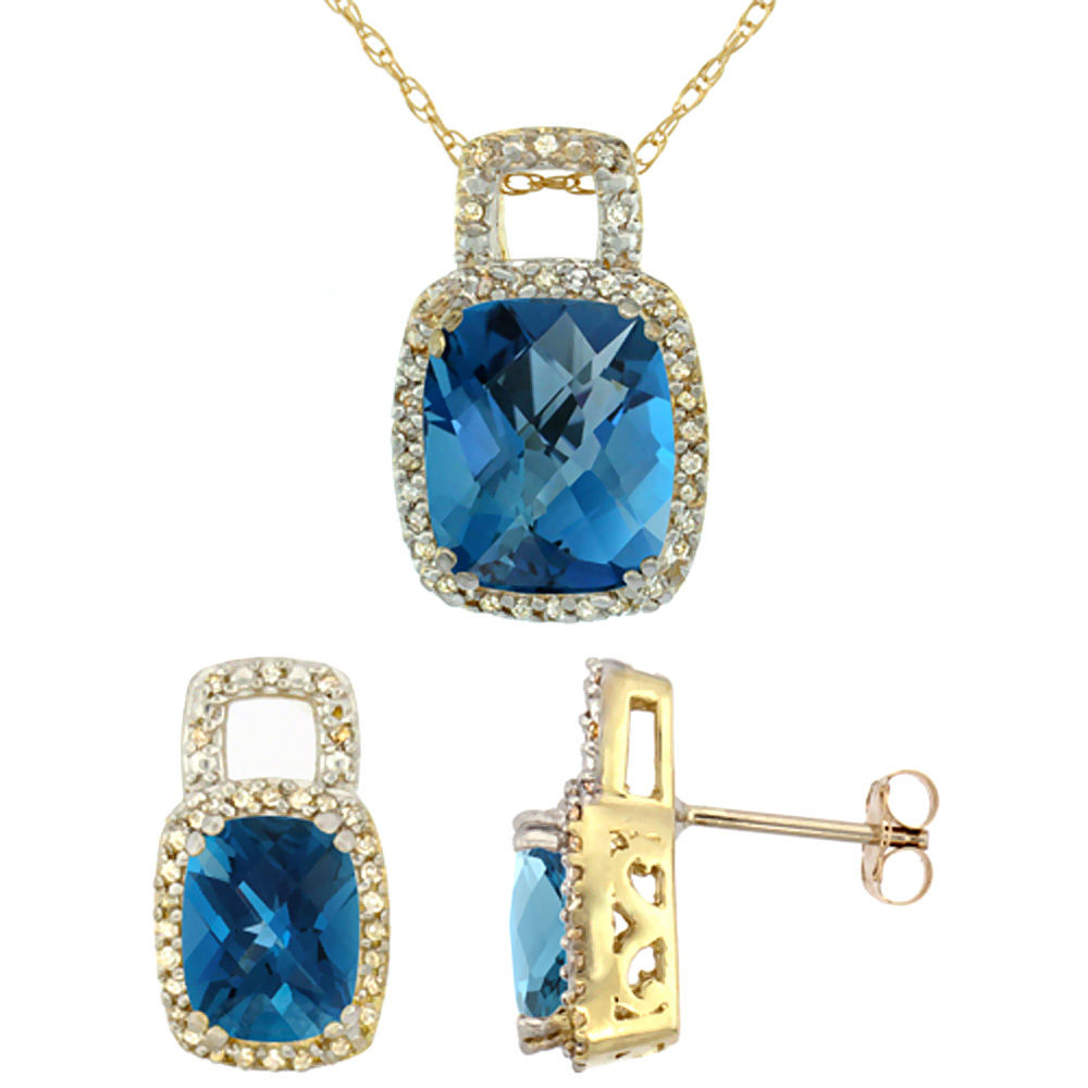 10K Yellow Gold Natural Octagon Cushion London Blue Topaz Earrings & Pendant Set Diamond Accents