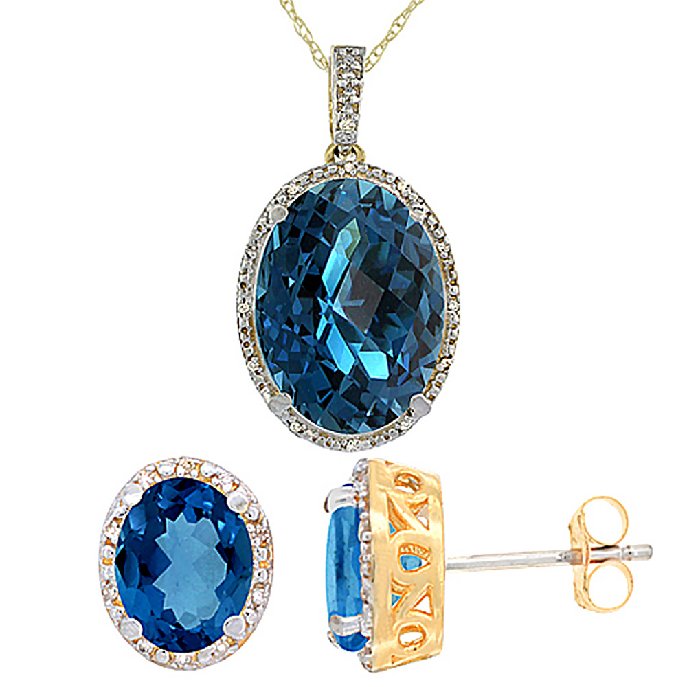 10K Yellow Gold Diamond Natural Oval London Blue Topaz Earrings &amp; Pendant Set