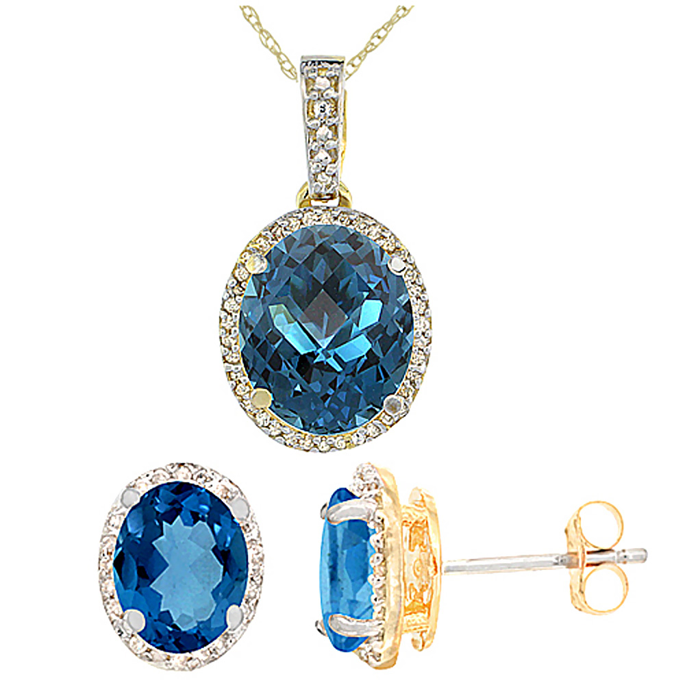 10K Yellow Gold Diamond Natural London Blue Topaz Oval Earrings & Pendant Set