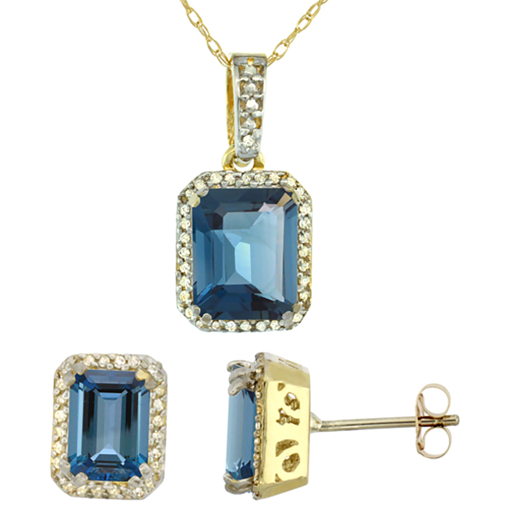 10K Yellow Gold Diamond Natural Octagon London Blue Topaz Earrings & Pendant Set