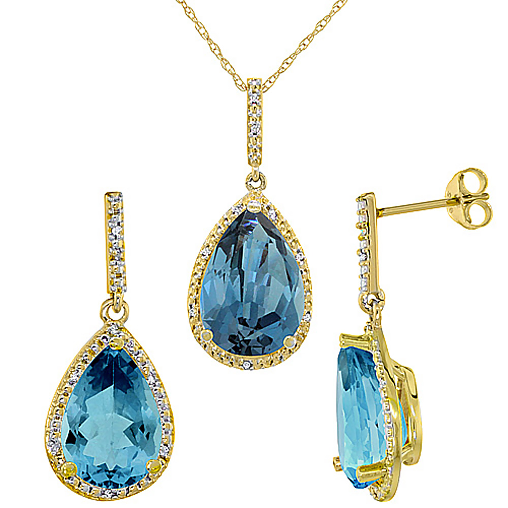 10K Yellow Gold Diamond Natural London Blue Topaz Earrings Necklace Set PearShaped 12x8mm&15x10mm,18 inch