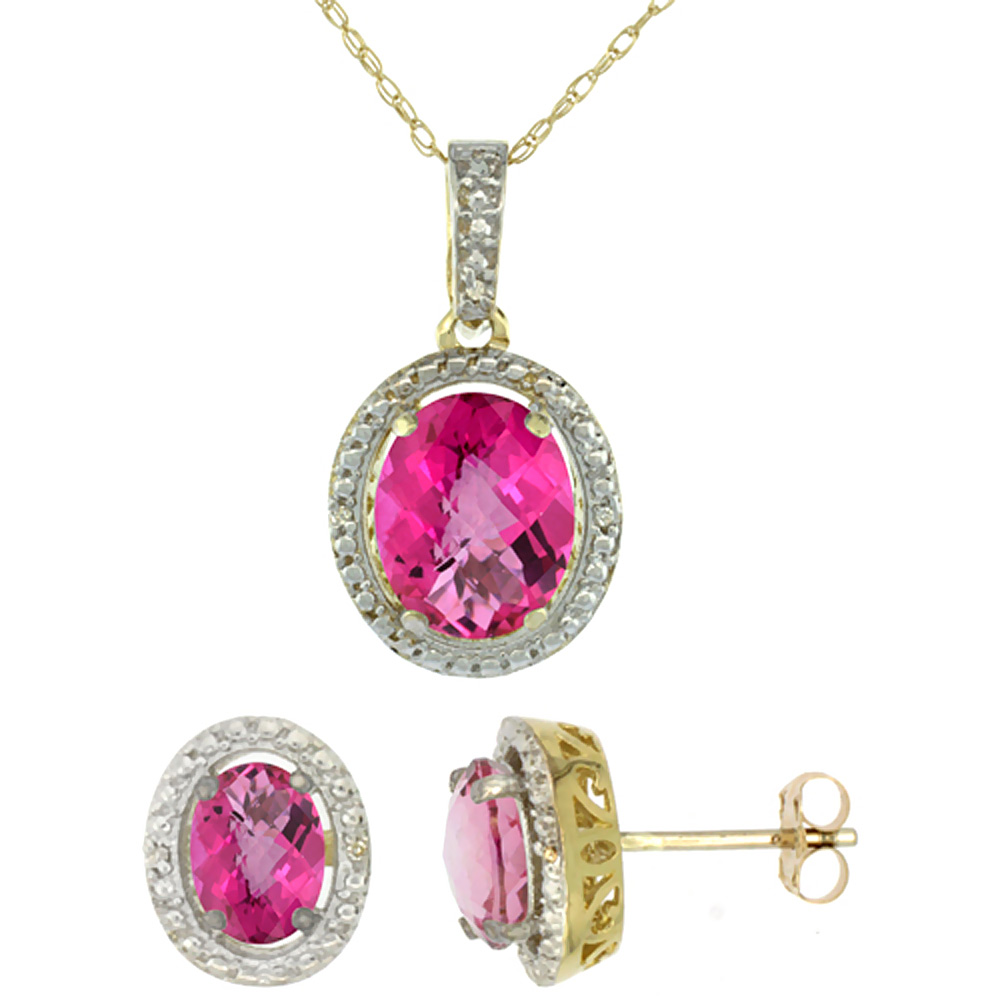 10K Yellow Gold Diamond Natural Pink Topaz Oval Earrings & Pendant Set