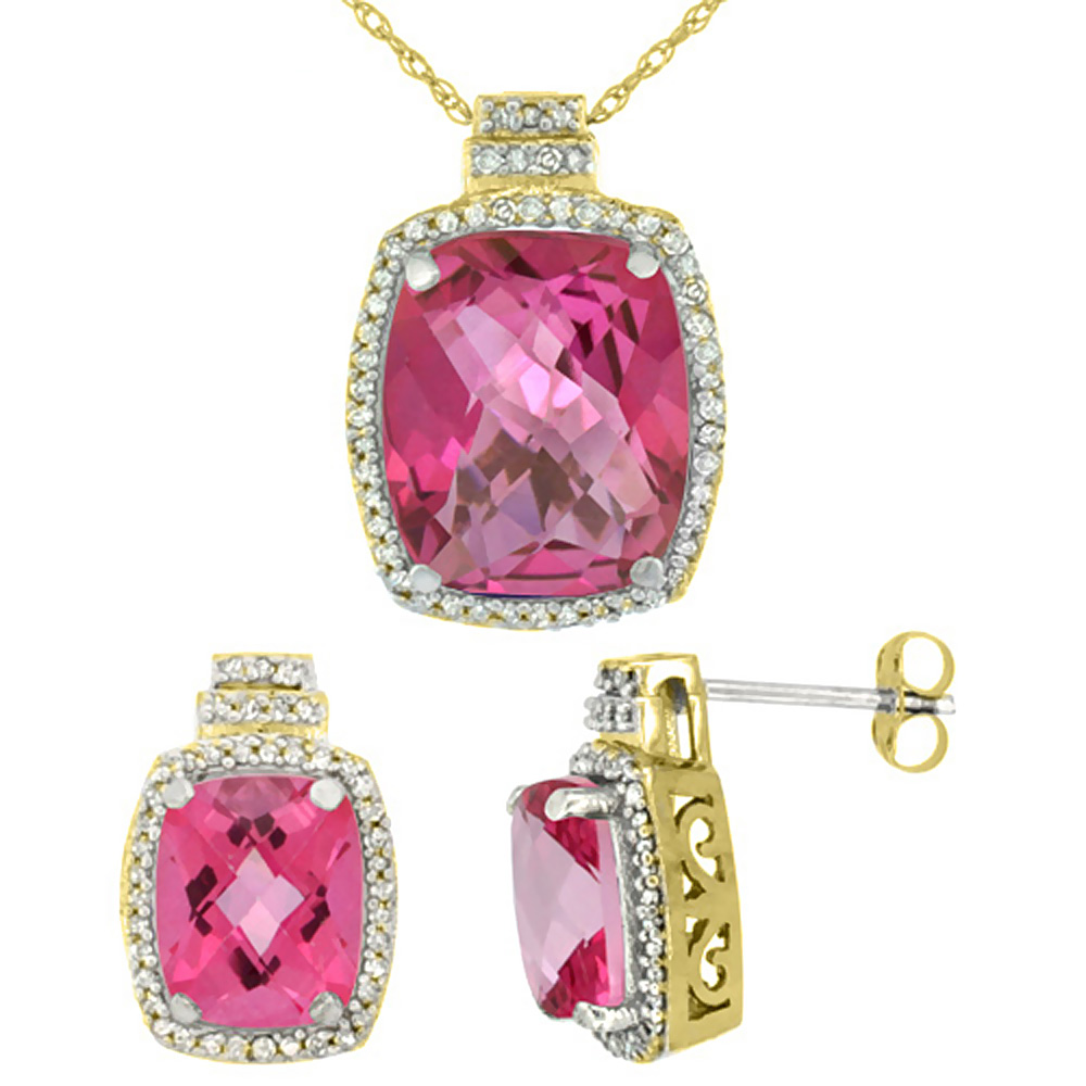 10K Yellow Gold Diamond Natural Pink Topaz 8x6mm Earrings &amp; 11x9mm Pendant Set Octagon Cushion