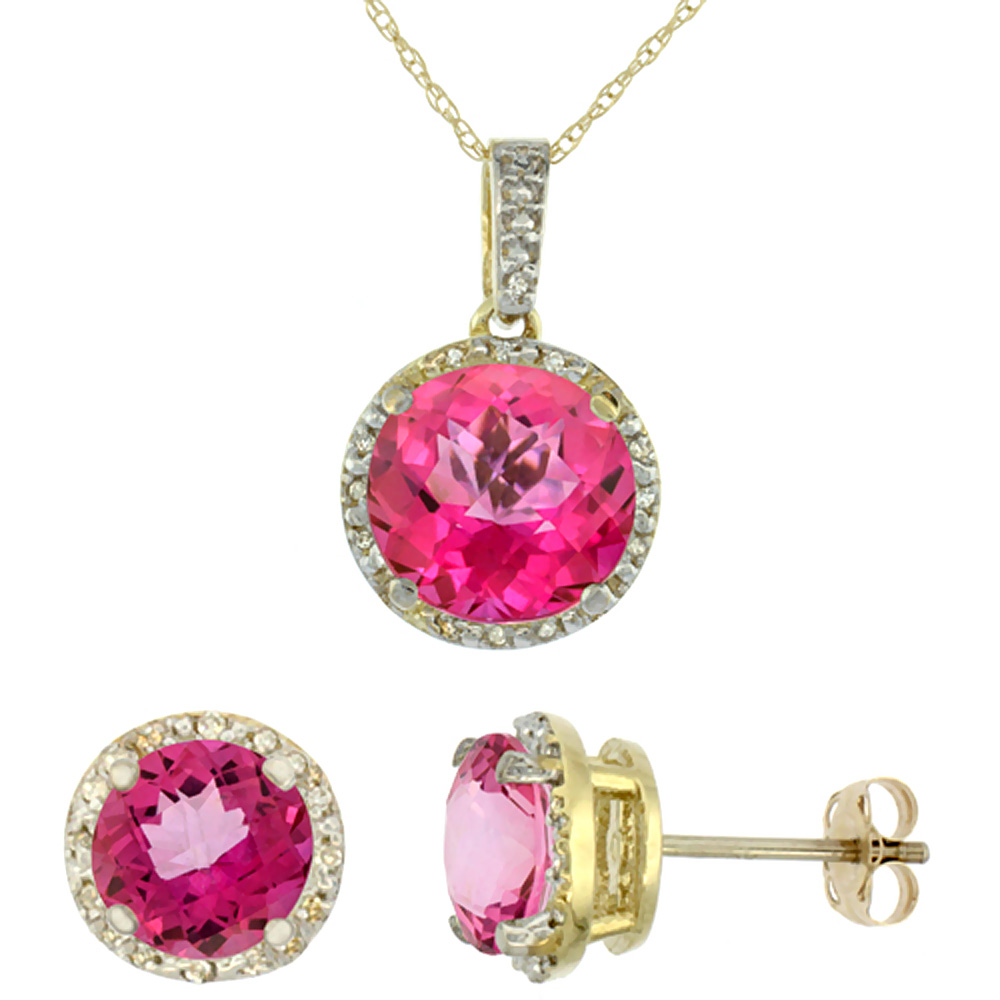 10K Yellow Gold Natural Round Pink Topaz Earrings &amp; Pendant Set Diamond Accents