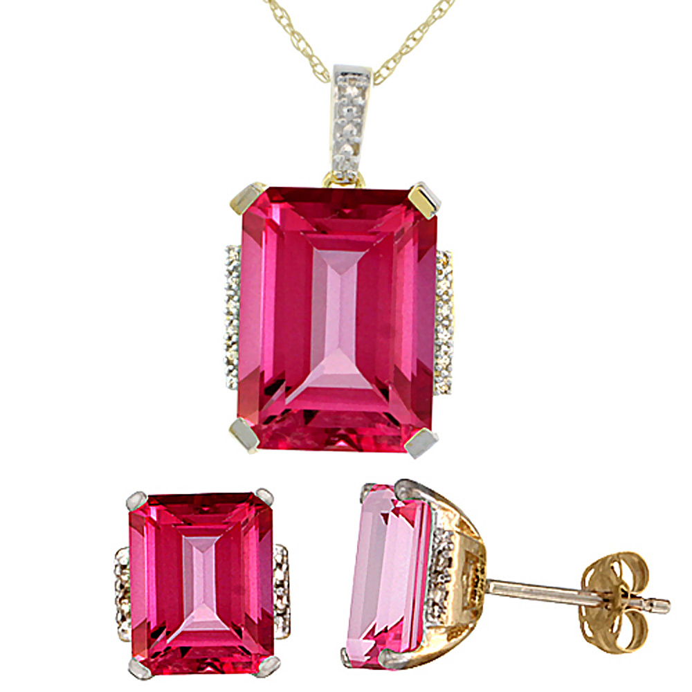 10K Yellow Gold Natural Octagon Pink Topaz Earrings &amp; Pendant Set Diamond Accents