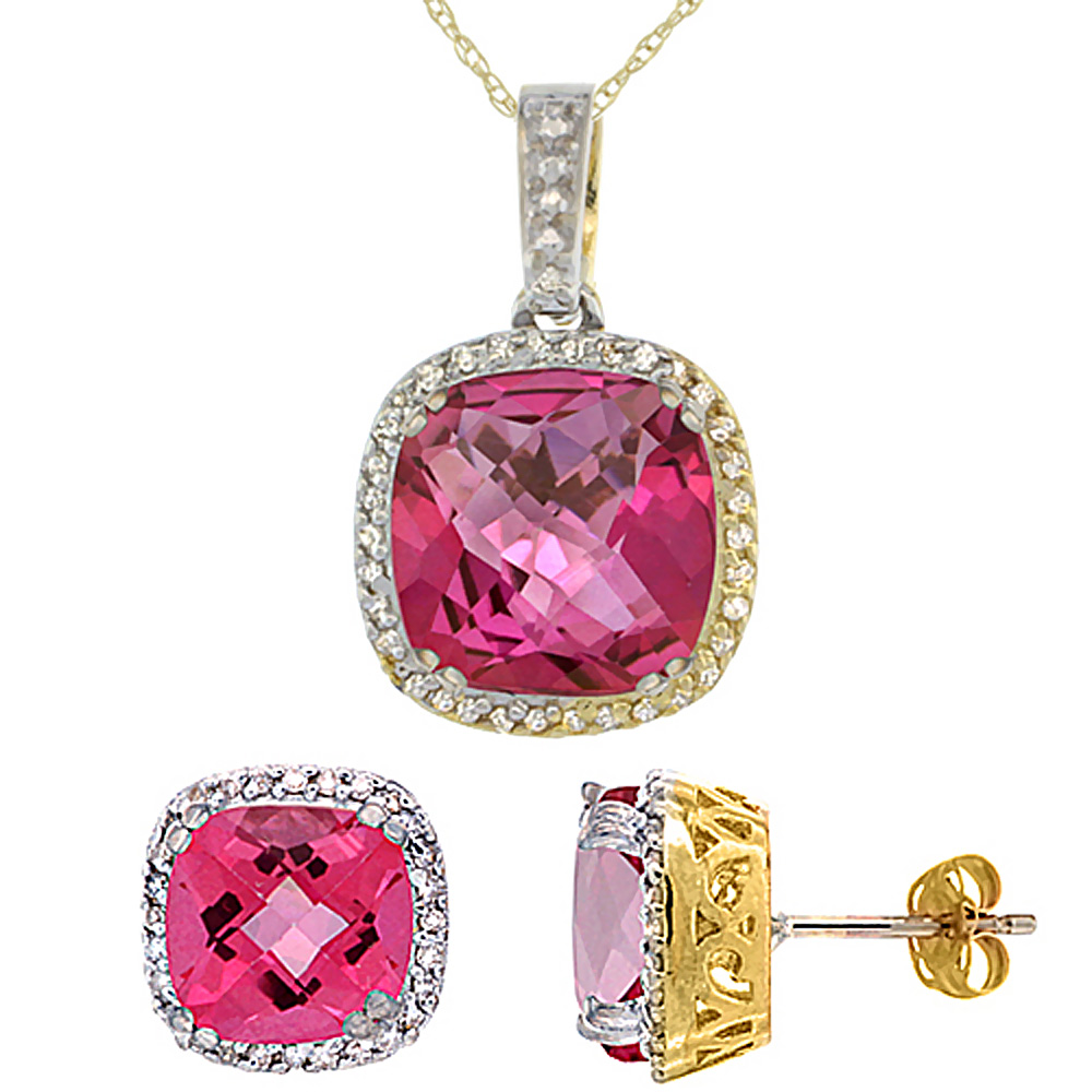 10k Yellow Gold Diamond Halo Natural Pink Topaz Earring Necklace Set 7x7mm &amp; 10x10mm Cushion, 18 inch