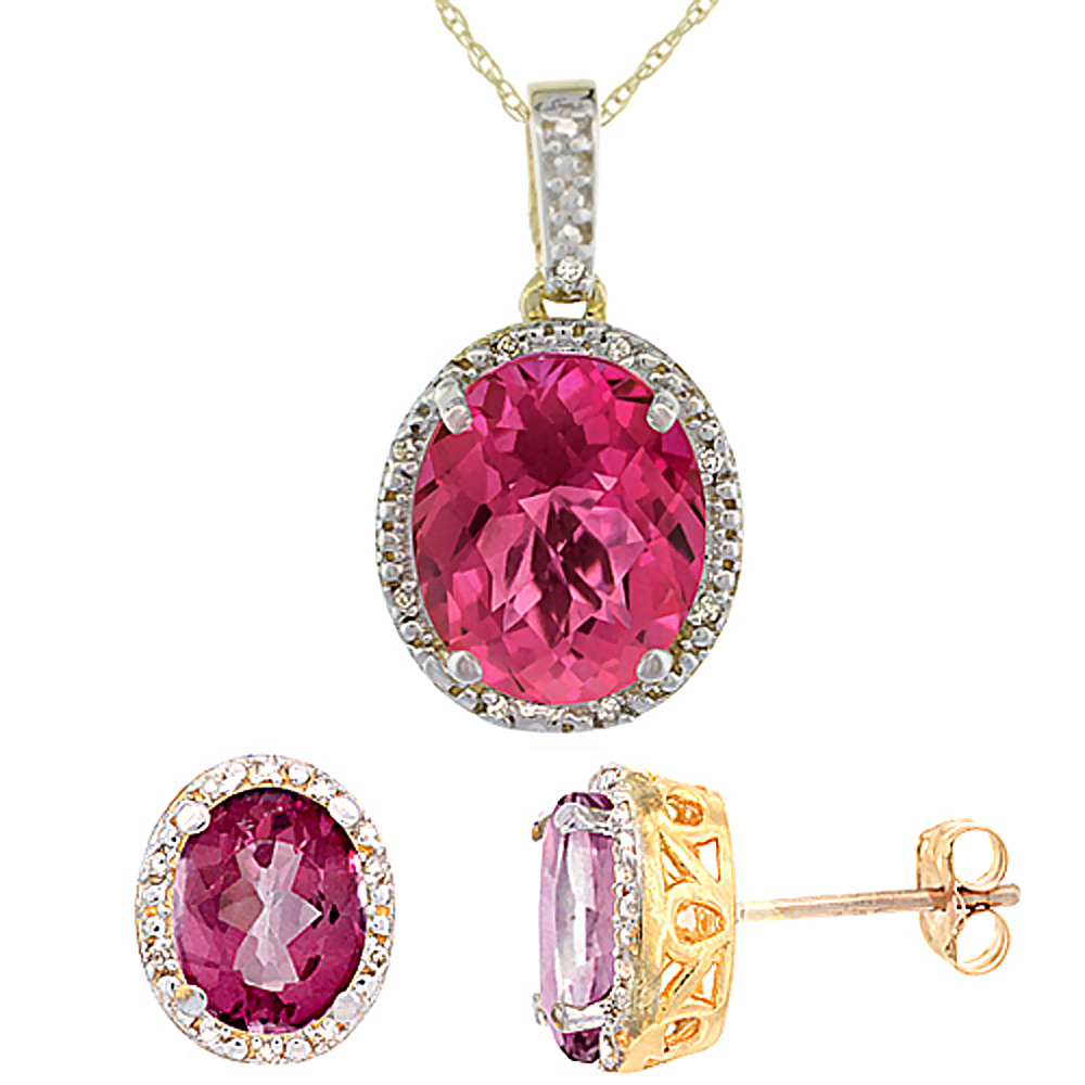 10K Yellow Gold Diamond Halo Natural Pink Topaz Earrings Necklace Set Oval 7x5mm &amp; 12x10mm, 18 inch
