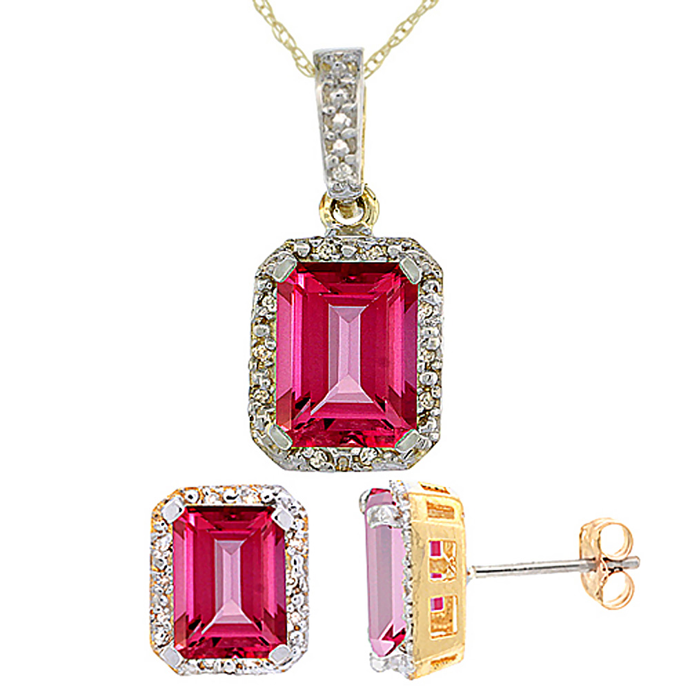 10K Yellow Gold Natural Octagon 8x6 mm Pink Topaz Earrings &amp; Pendant Set Diamond Accents