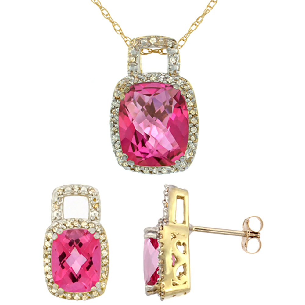 10K Yellow Gold Natural Octagon Cushion Pink Topaz Earrings & Pendant Set Diamond Accents