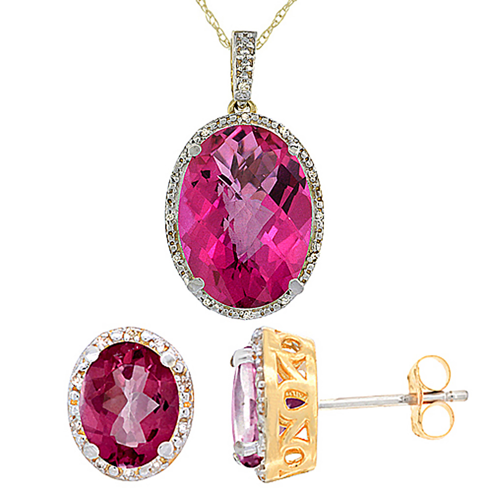 10K Yellow Gold Diamond Natural Oval Pink Topaz Earrings & Pendant Set