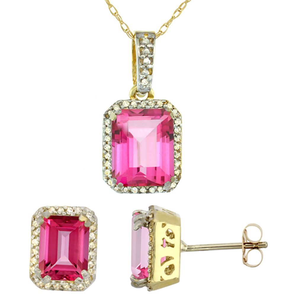 10K Yellow Gold Diamond Natural Octagon Pink Topaz Earrings &amp; Pendant Set