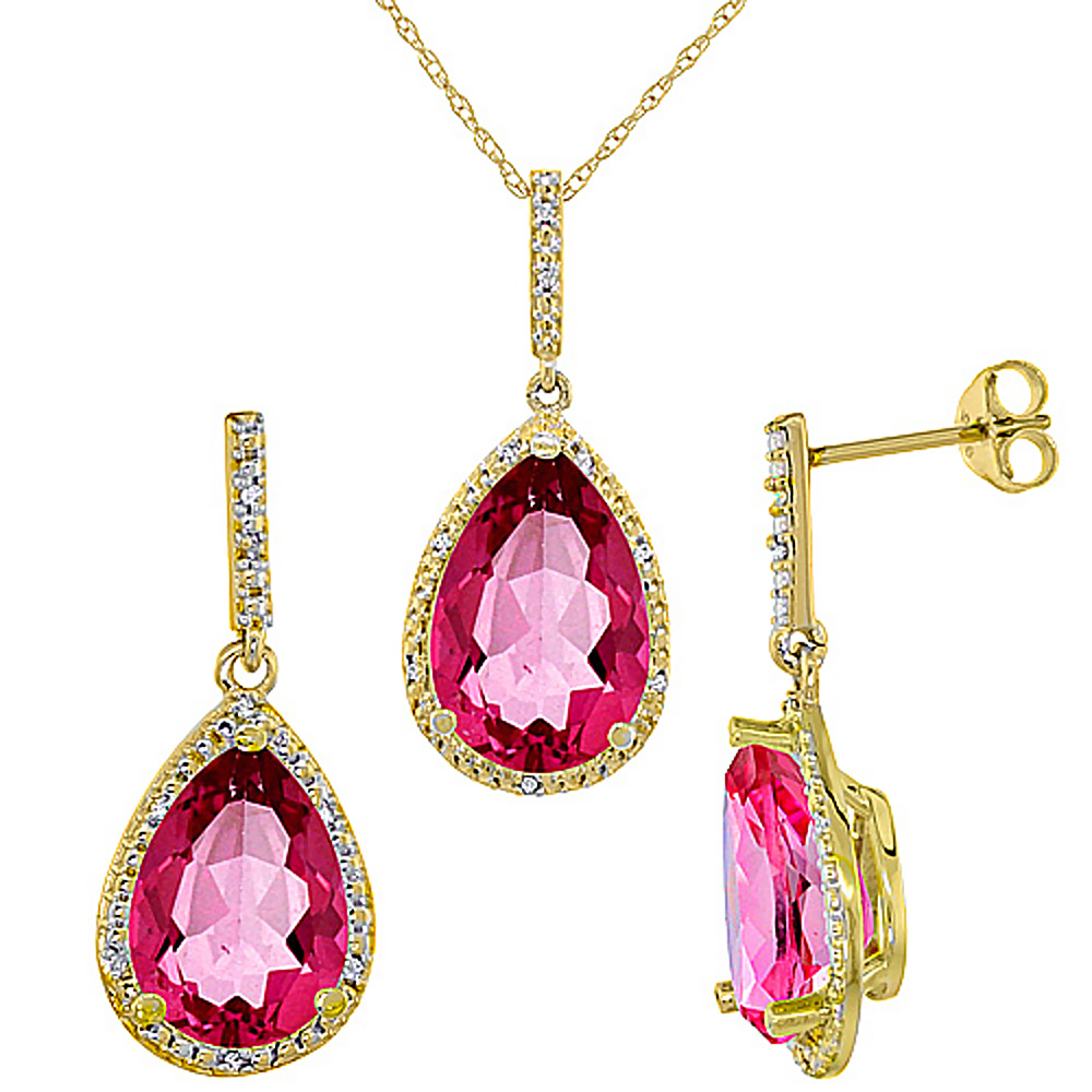 10K Yellow Gold Diamond Natural Pink Topaz Earrings Necklace Set Pear Shaped 12x8mm &amp; 15x10mm, 18 inch