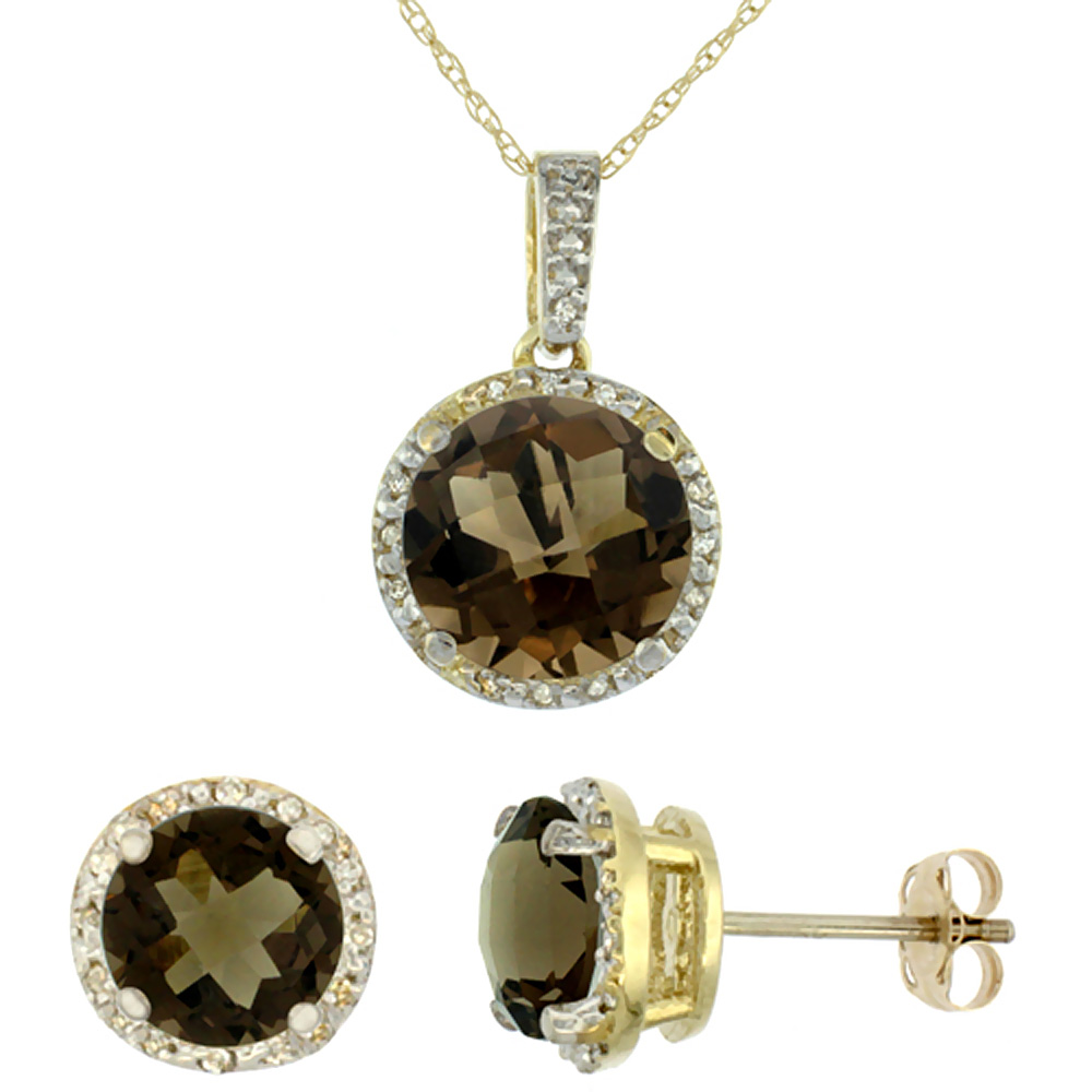 10K Yellow Gold Natural Round Smoky Topaz Earrings &amp; Pendant Set Diamond Accents