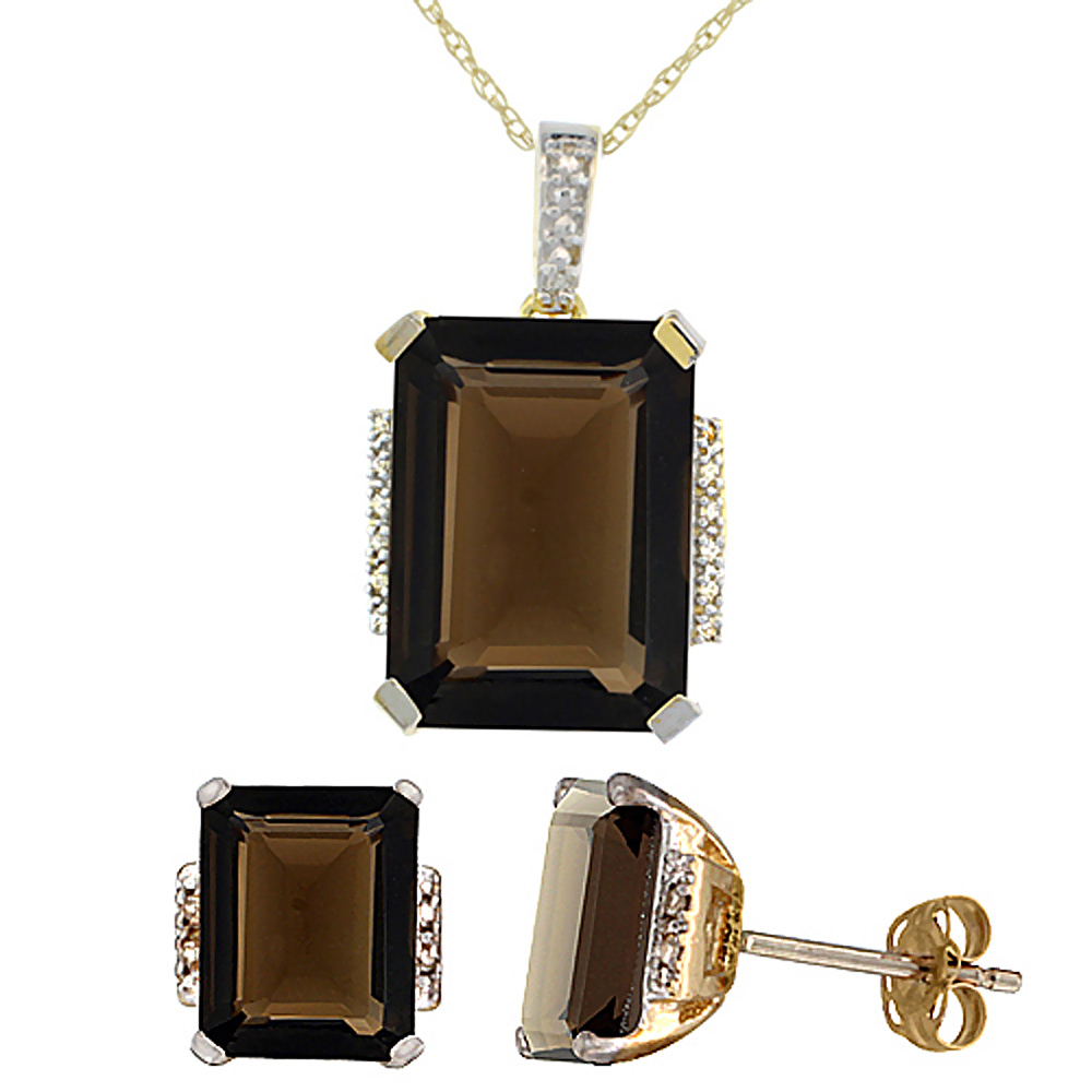 10K Yellow Gold Natural Octagon Smoky Topaz Earrings & Pendant Set Diamond Accents