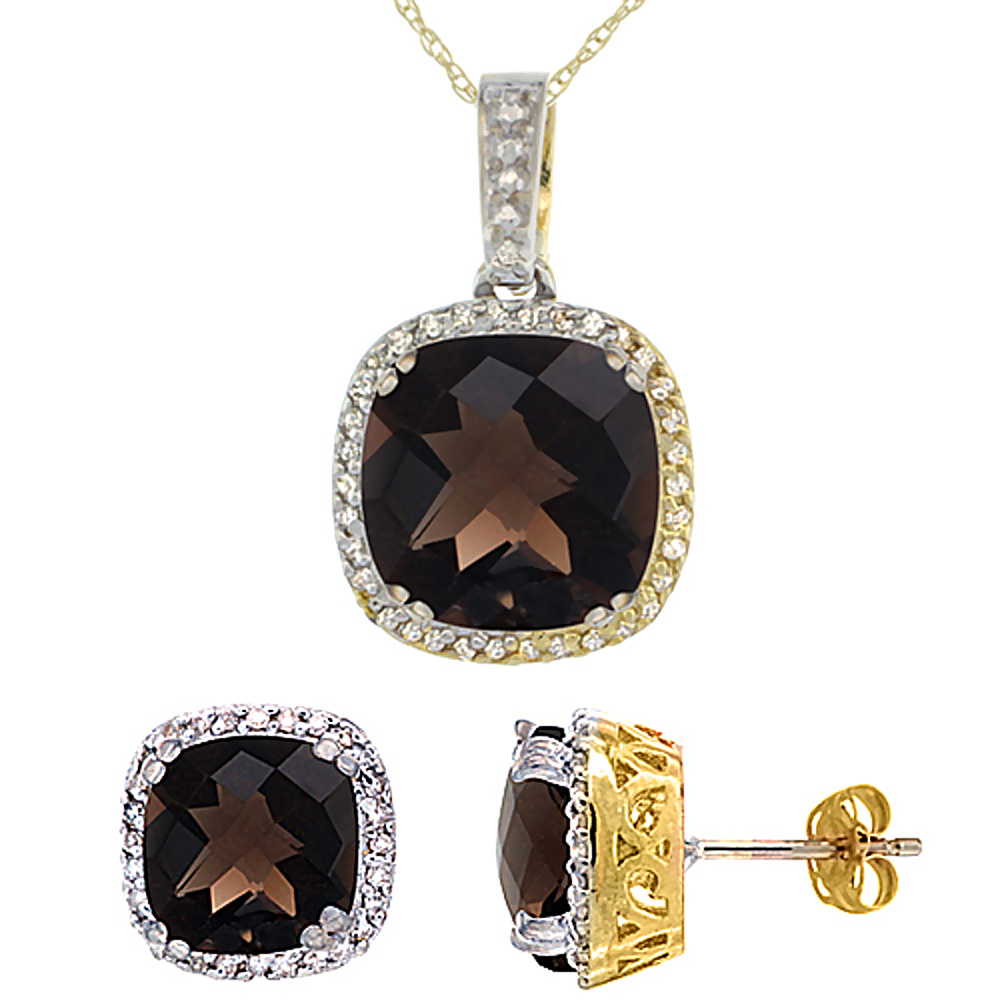 10k Yellow Gold Diamond Halo Natural Smoky Topaz Earring Necklace Set 7x7mm &amp; 10x10mm Cushion, 18 inch