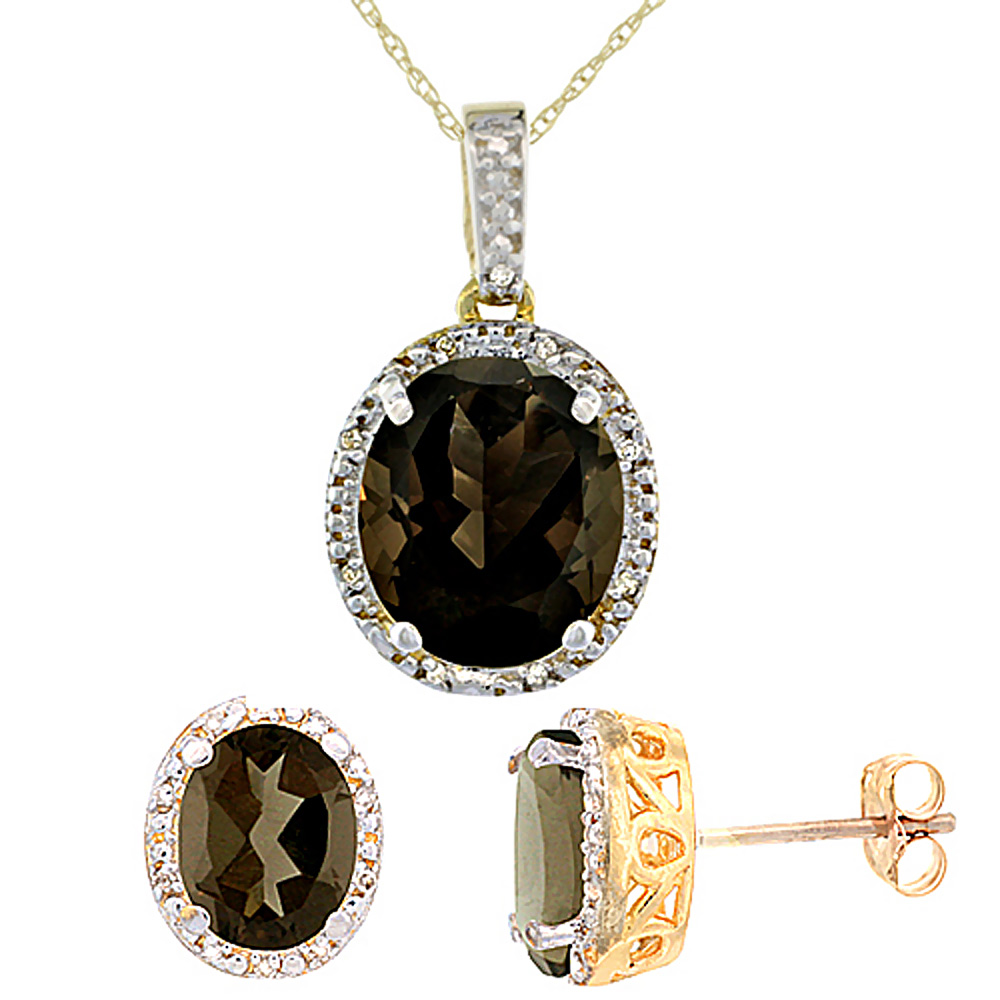 10K Yellow Gold Diamond Halo Natural Smoky Topaz Earrings Necklace Set Oval 7x5mm &amp; 12x10mm, 18 inch
