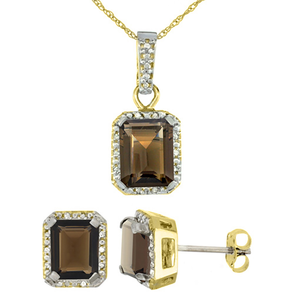 10K Yellow Gold Natural Octagon 8x6 mm Smoky Topaz Earrings & Pendant Set Diamond Accents