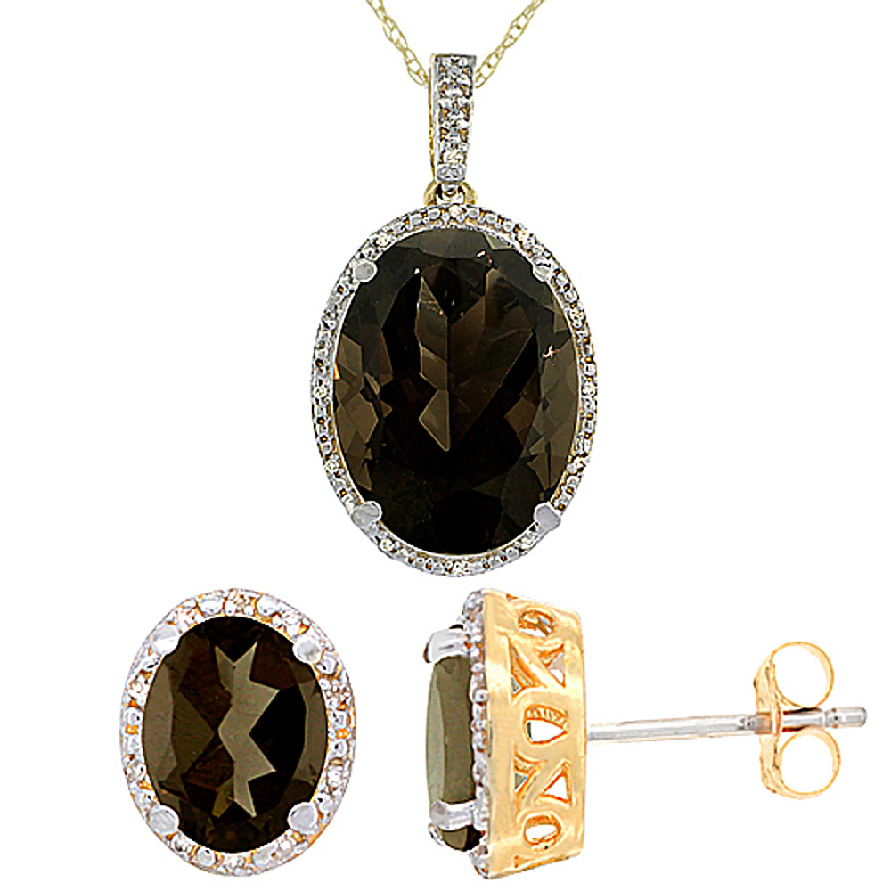 10K Yellow Gold Diamond Natural Oval Smoky Topaz Earrings &amp; Pendant Set