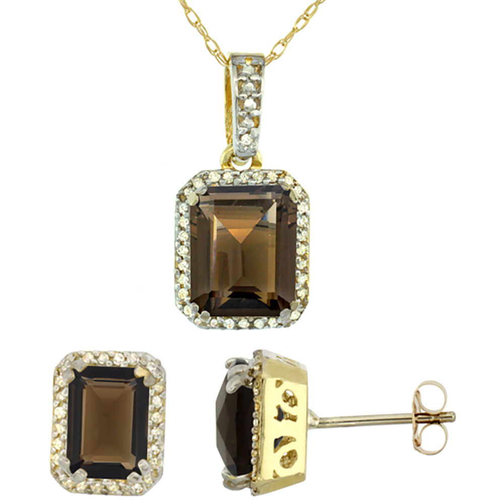 10K Yellow Gold Diamond Natural Octagon Smoky Topaz Earrings & Pendant Set