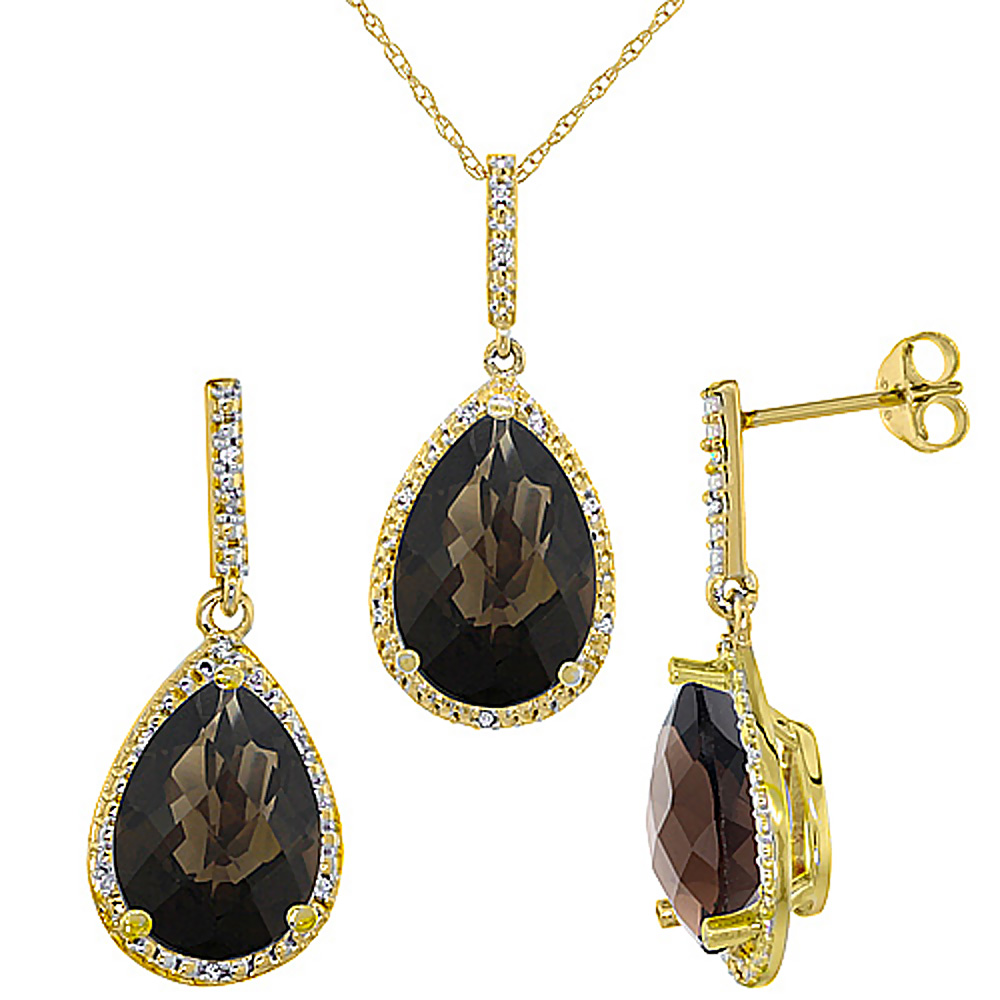 10K Yellow Gold Diamond Natural Smoky Topaz Earrings Necklace Set Pear Shaped 12x8mm &amp; 15x10mm, 18 inch