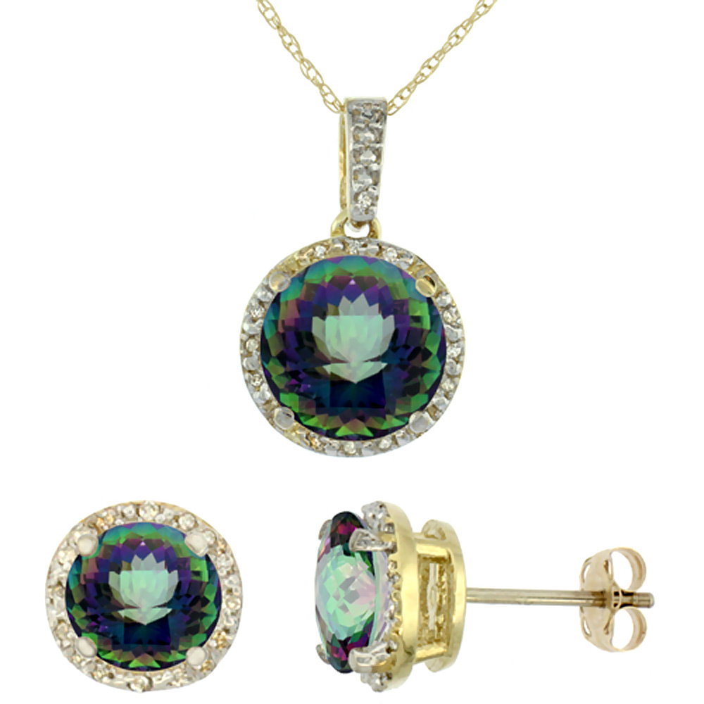 10K Yellow Gold Natural Round Mystic Topaz Earrings &amp; Pendant Set Diamond Accents