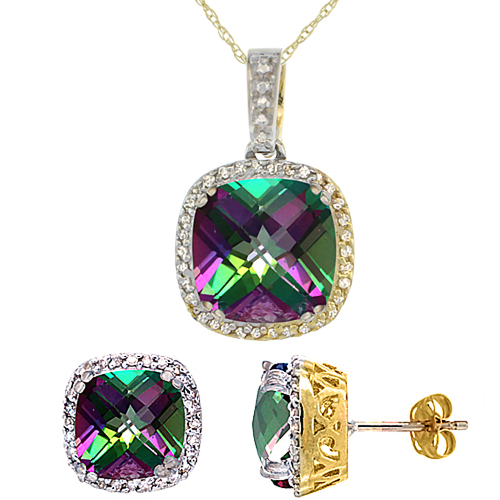 10k Yellow Gold Diamond Halo Natural Mystic Topaz Earring Necklace Set 7x7mm &amp; 10x10mm Cushion, 18 inch