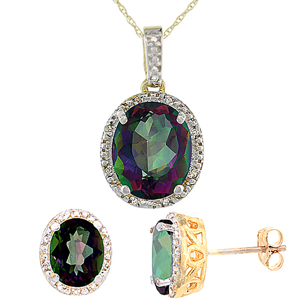 10K Yellow Gold Diamond Halo Natural Mystic Topaz Earrings Necklace Set Oval 7x5mm & 12x10mm, 18 inch