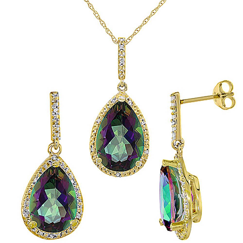 10K Yellow Gold Diamond Natural Mystic Topaz Earrings Necklace Set Pear Shaped 12x8mm &amp; 15x10mm, 18 inch