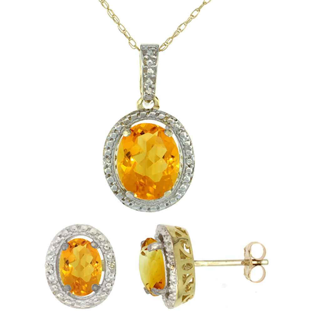 10K Yellow Gold Diamond Natural Citrine Oval Earrings &amp; Pendant Set