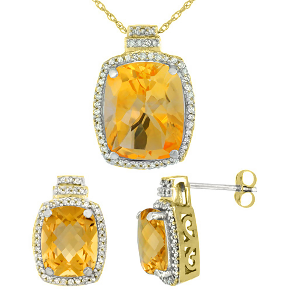 10K Yellow Gold Diamond Natural Citrine 8x6mm Earrings &amp; 11x9mm Pendant Set Octagon Cushion